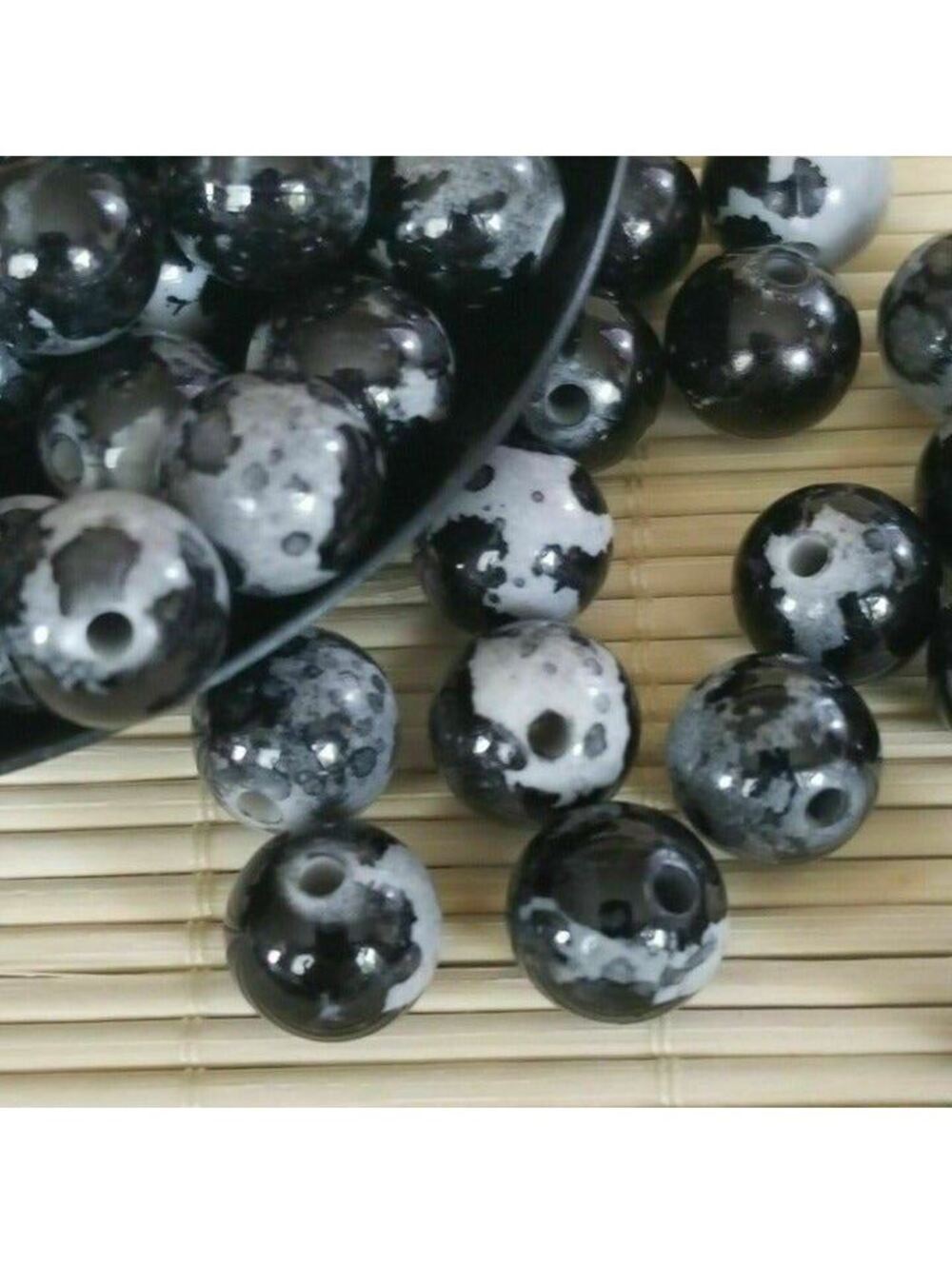 Vintage Retro Black Grey Cow Animal Print 12mm Round Lucite Acrylic Beads 20 pcs